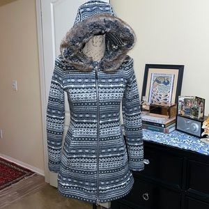 Athleta Faux Fur Hooded Fair Isle Sweater Jacket